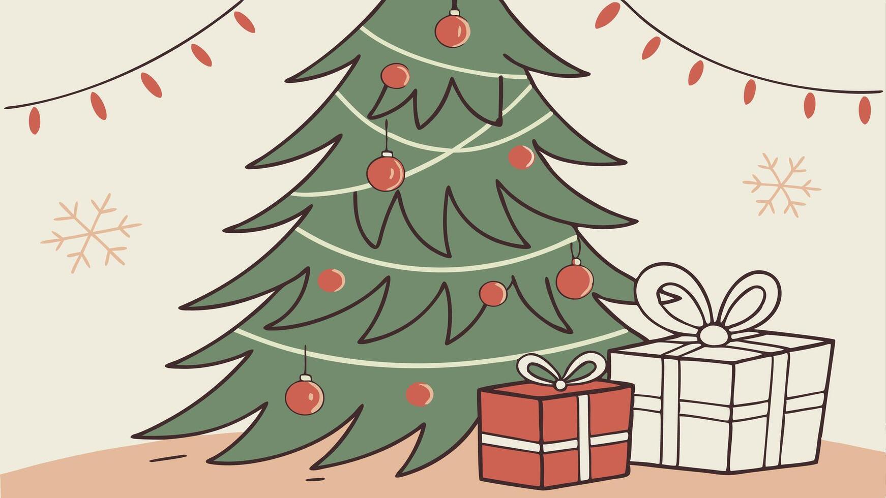 Illustration of a christmas tree with red and green decorations and presents. vector