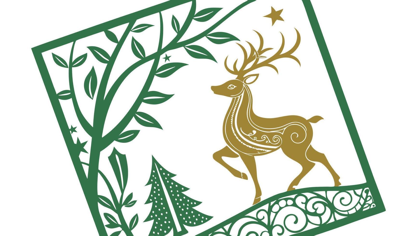 Paper cut style Christmas themed emerald green card with golden deer. ornate vector