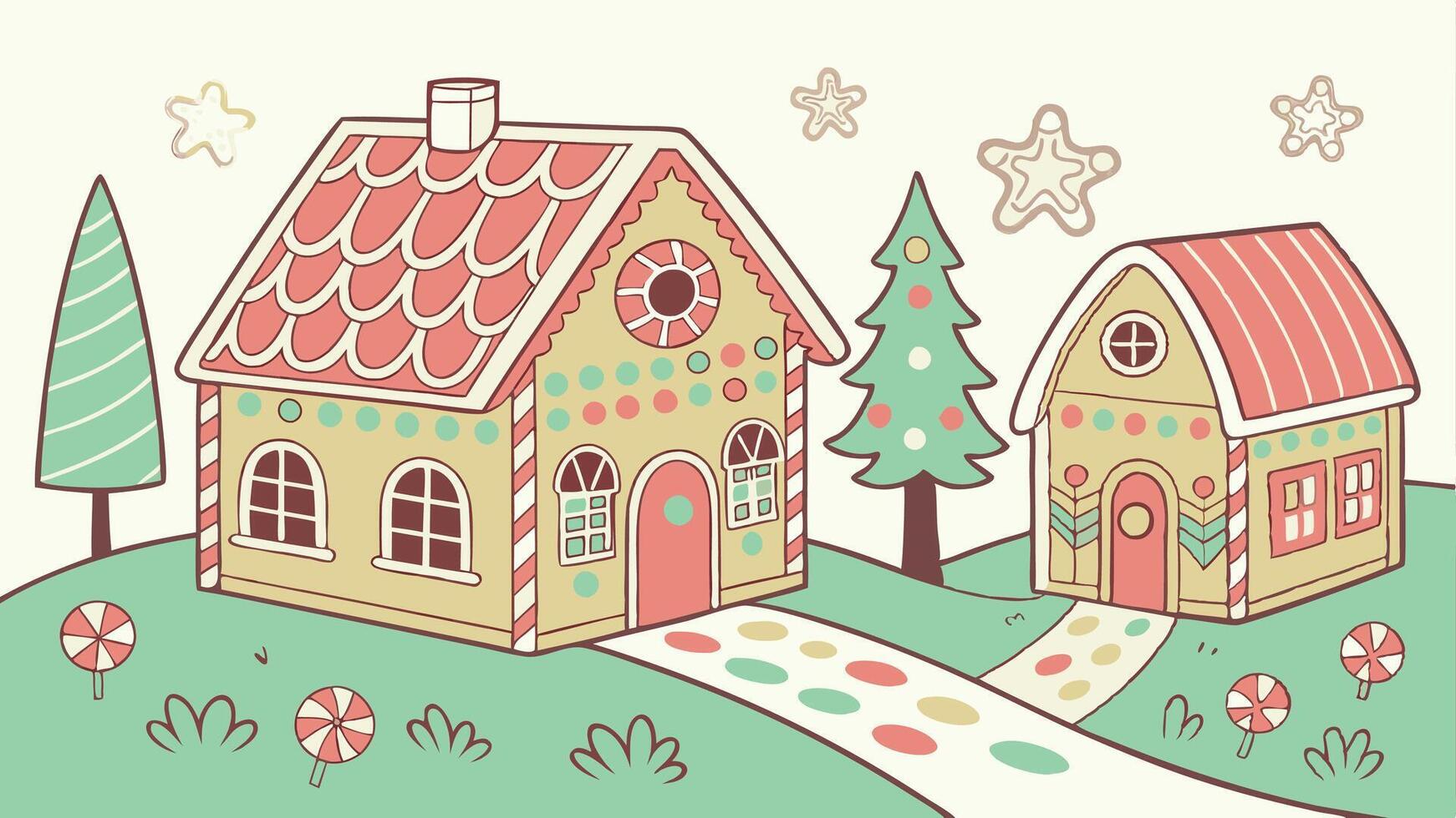 Christmas gingerbread city or town. Colorful christmas gingerbread house panorama - concept vector