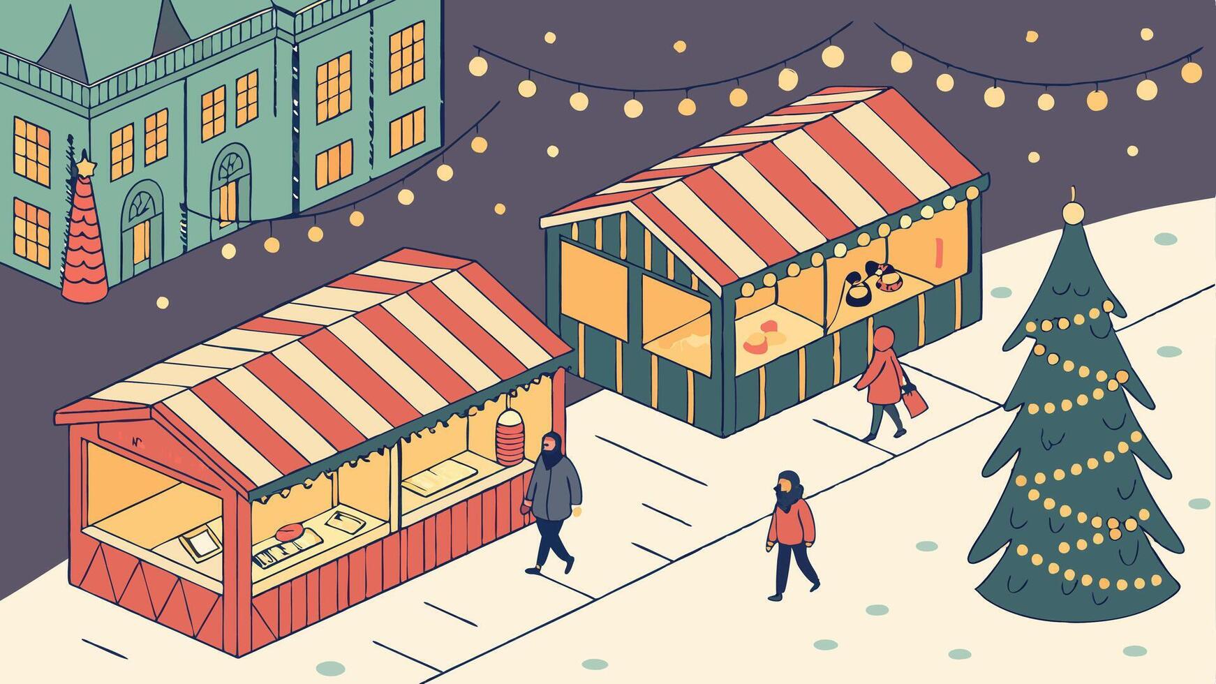 Illustration christmas market at night viewed from the air vector