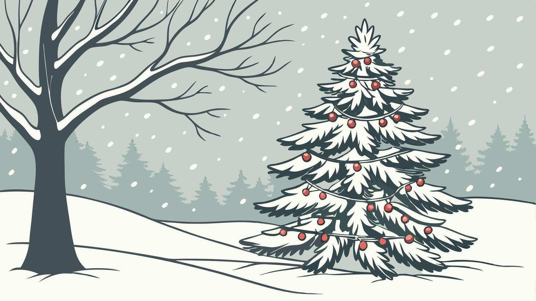 Christmas winter blurred background. Xmas tree with snow decorated with garland lights. vector