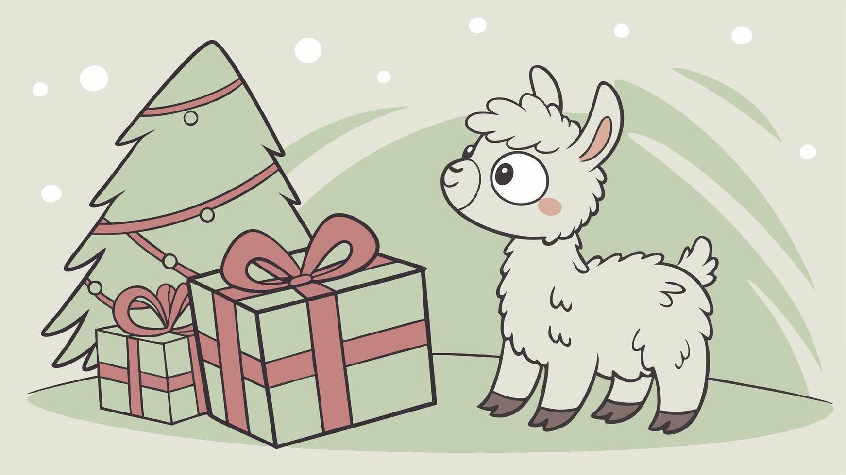 Baby llama with christmas presents on blurred bokeh tree lights background vector