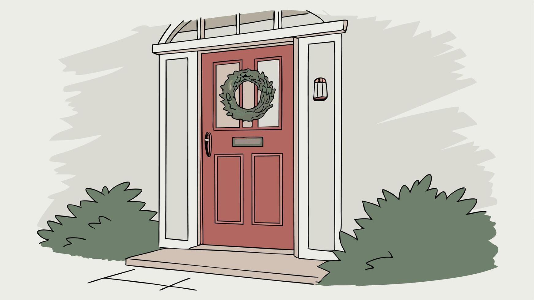 Red door with a green Christmas wreath watercolor style on a white background. vector