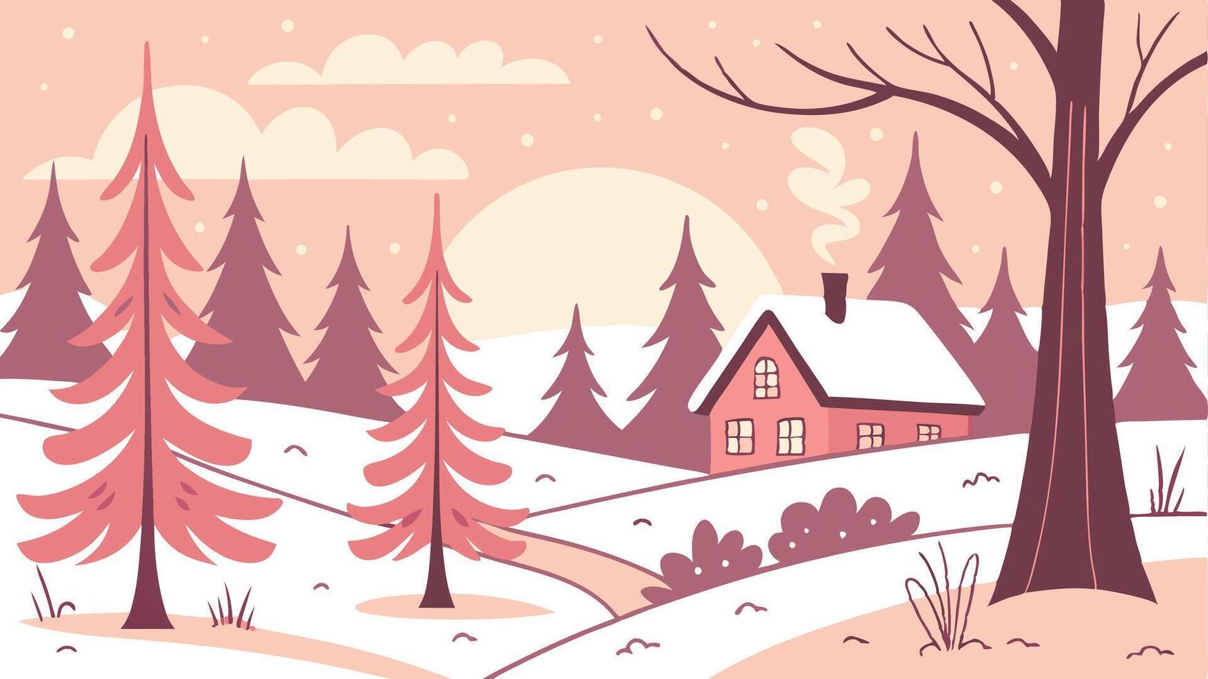 Pink christmas trees and houses in a forest at sunrise in a snowy sceney with clouds. illustration vector