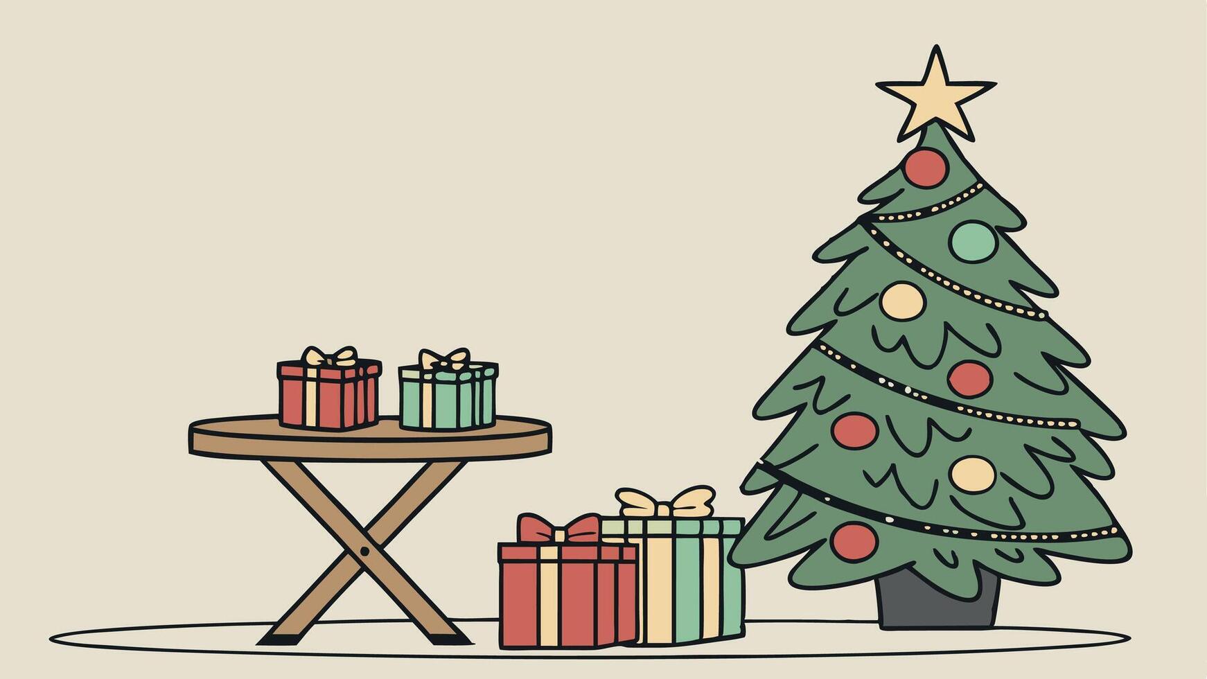Wooden table with Christmas tree and gift boxes on background of blurry cityscape. vector