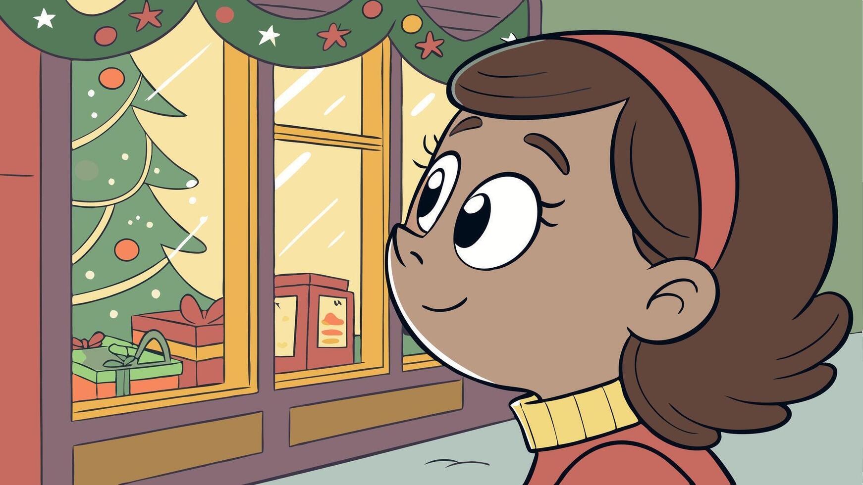 Close up portrait of a girl looking to the Christmas shop window. vector