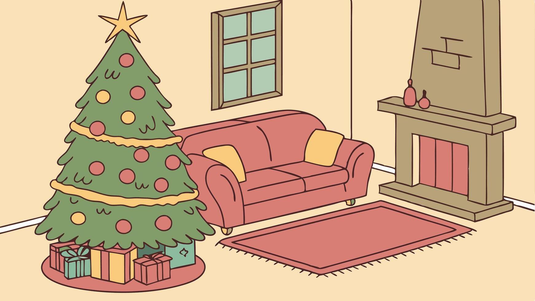 Christmas tree in living room with couch and fireplace vector