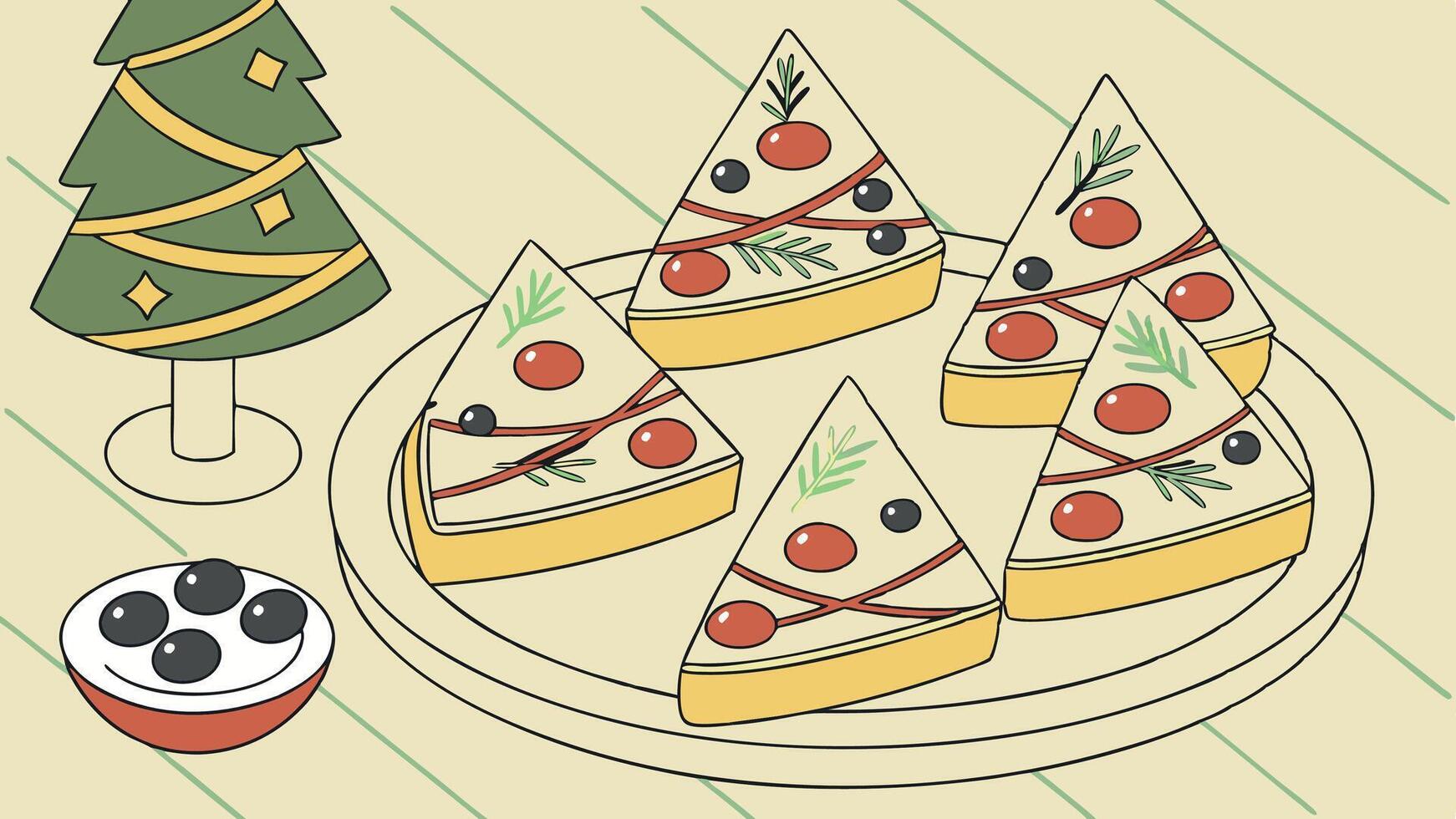 Festive Christmas Tree Bites. Cheese canapes in the shape of Christmas trees. vector
