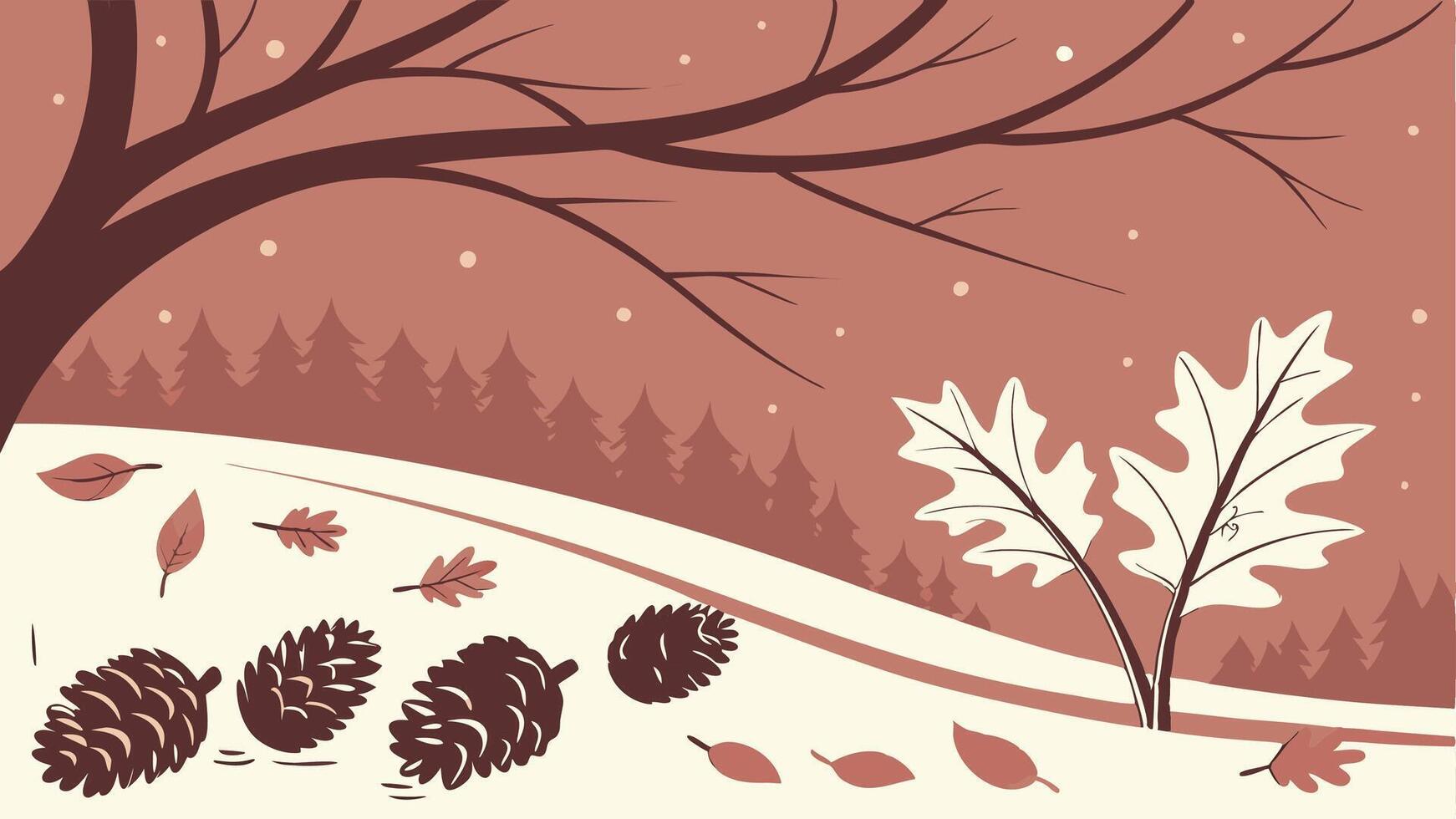 Christmas red magic background. snow. autumn leaves with pine cones . vector