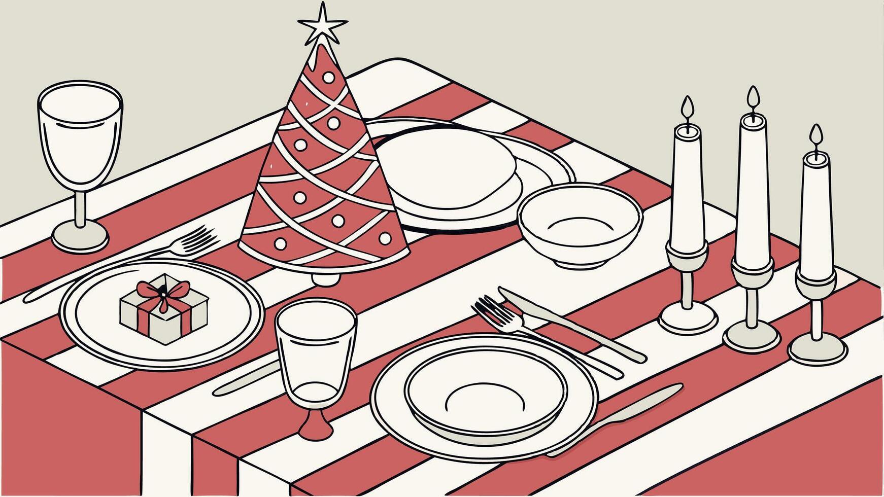 Christmas table setting with dishware. silverware and decorations on festive table. vector