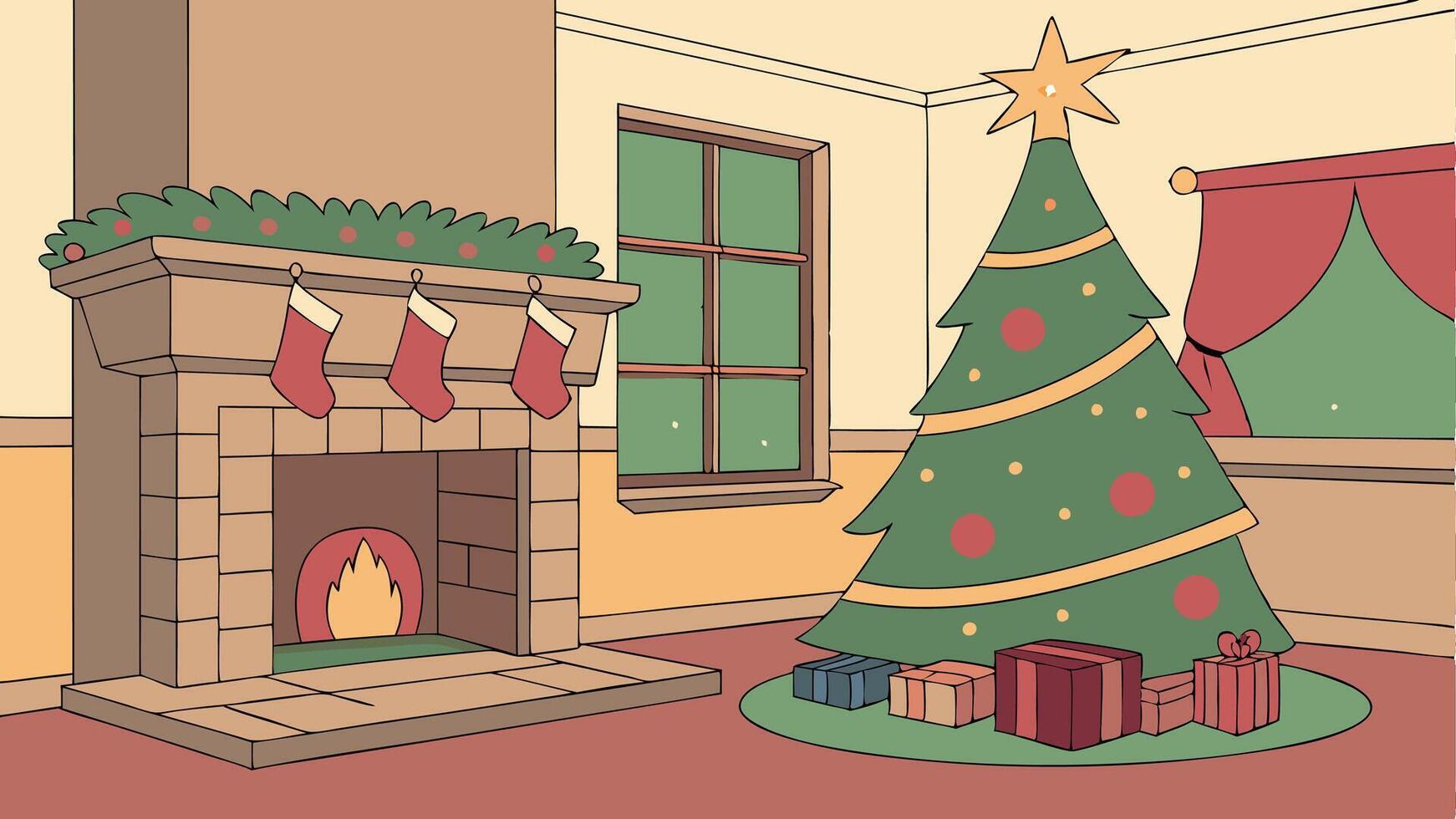Christmas living room interior with fireplace and christmas tree. 3D rendering. vector