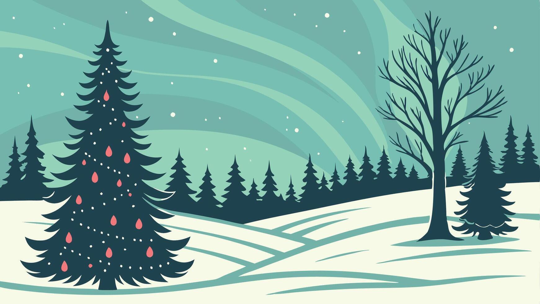 Winter christmas landscape with trees. northern lights. snowy forest background vector