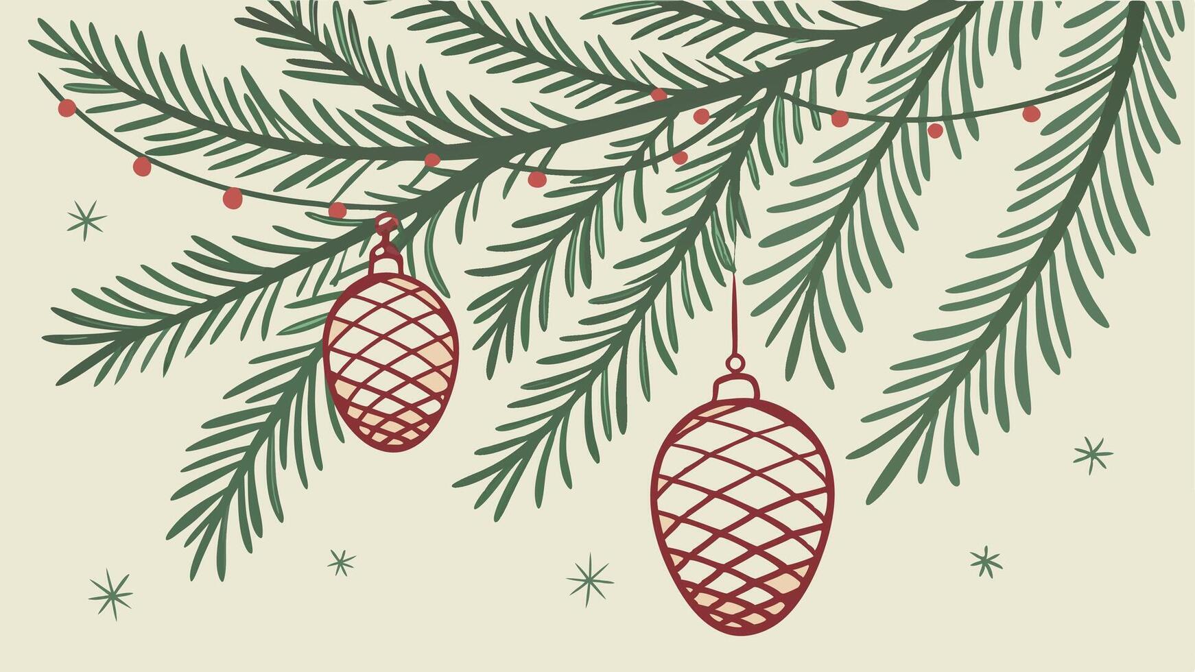 Christmas tree branch with pine cones and balls vector