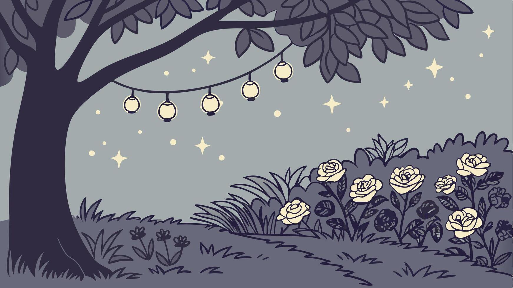 A night scene with a tree and flowers vector