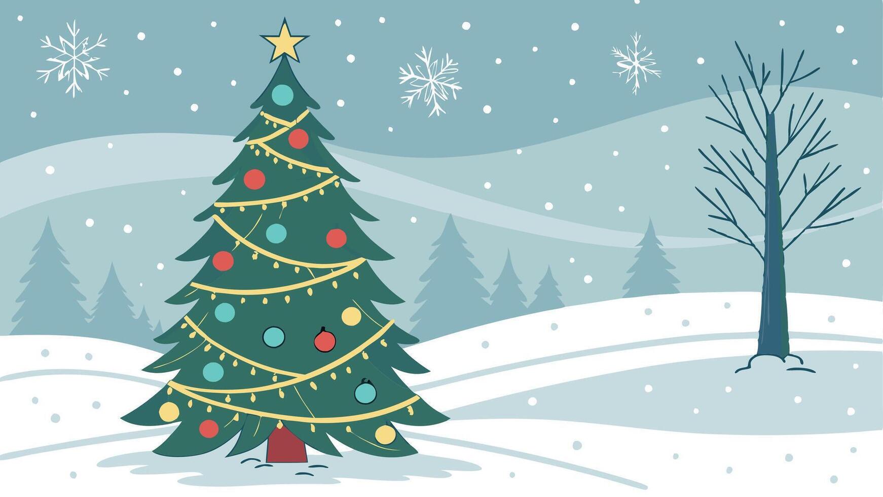 A christmas tree in the snow with snowflakes vector