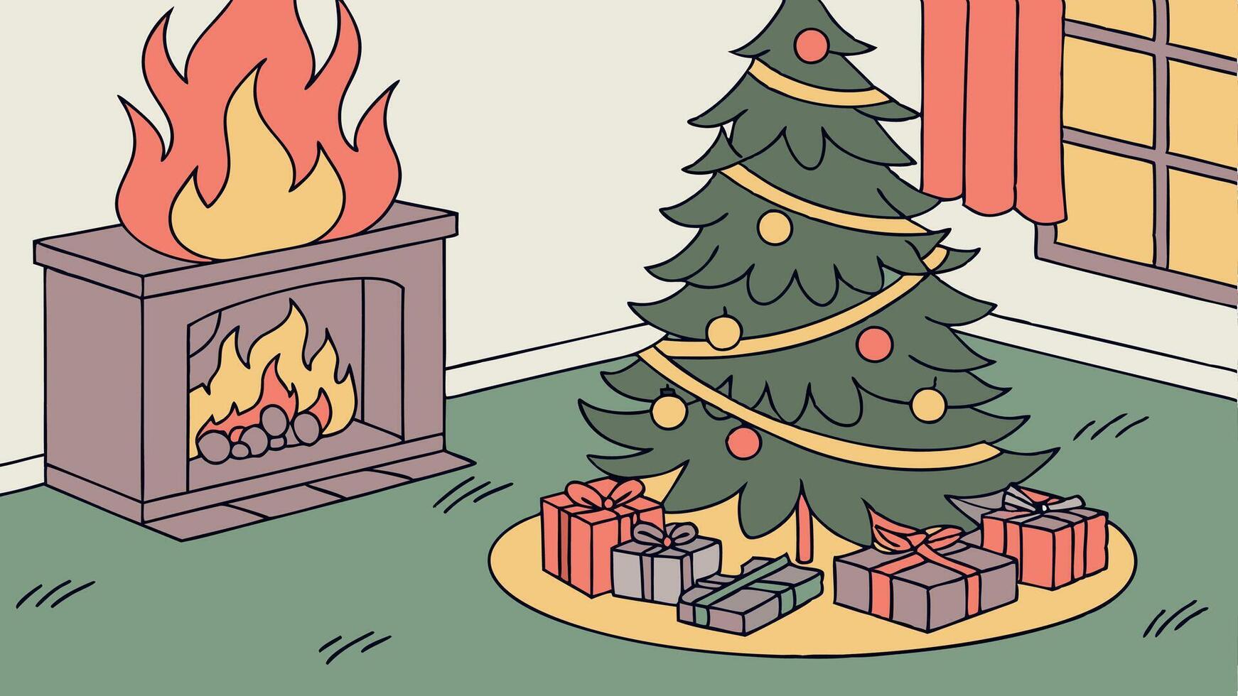 Illustration of a christmas tree in a room with a fireplace vector