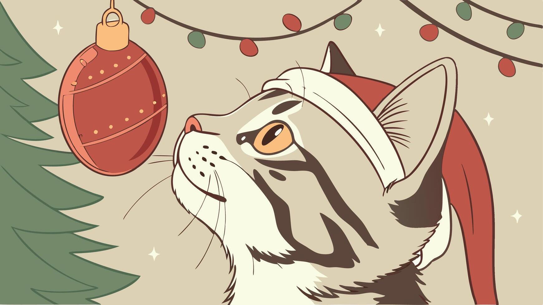 A cat wearing a santa hat looking at a christmas ornament vector