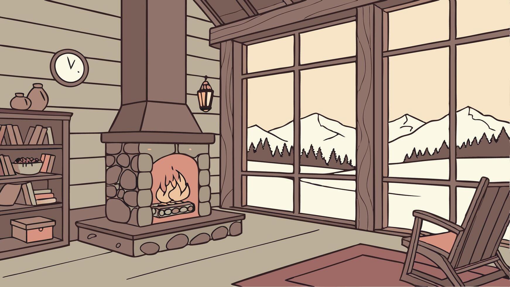 A cartoon drawing of a living room with a fireplace vector