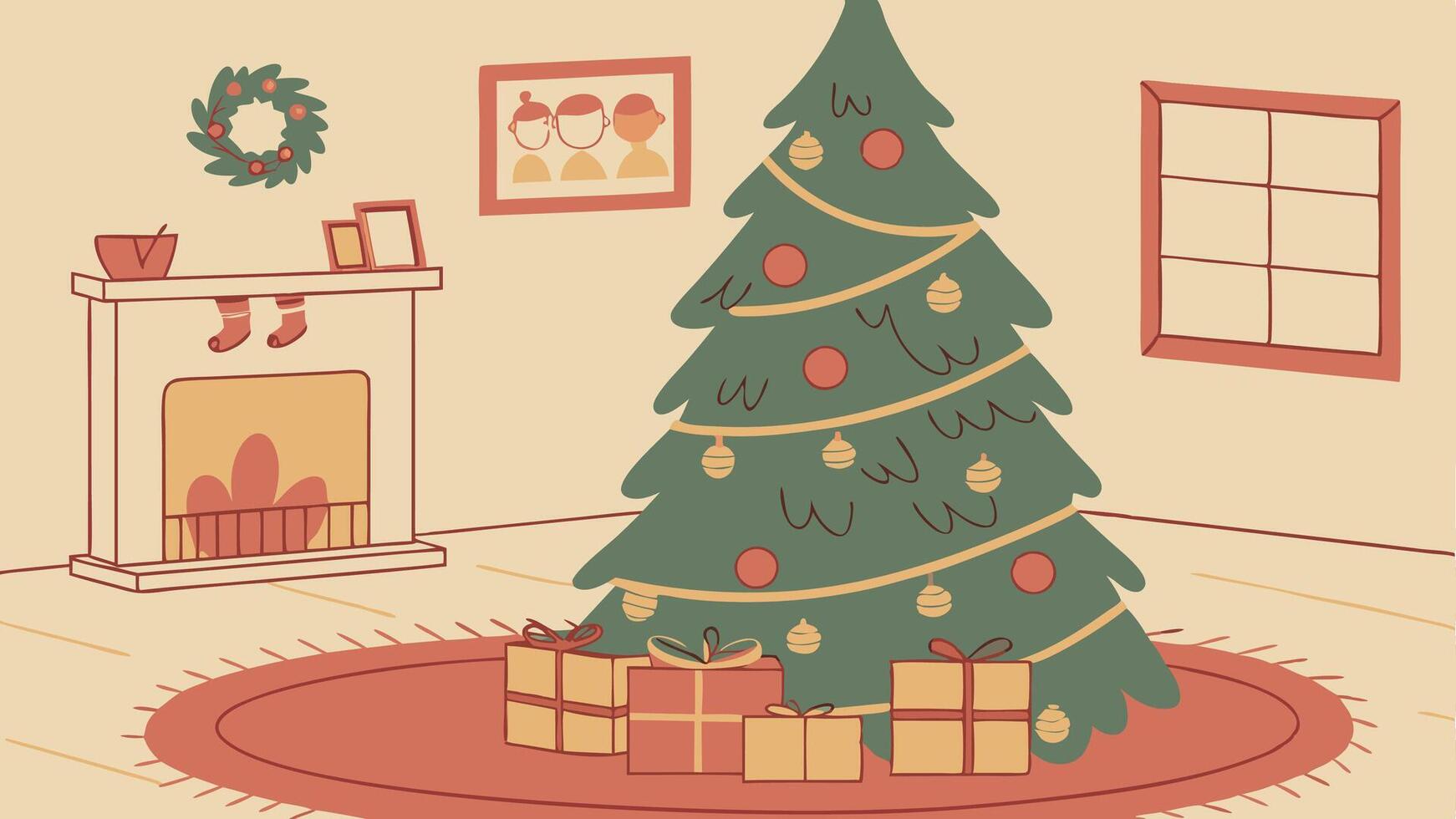 Christmas tree in living room with presents and fireplace vector