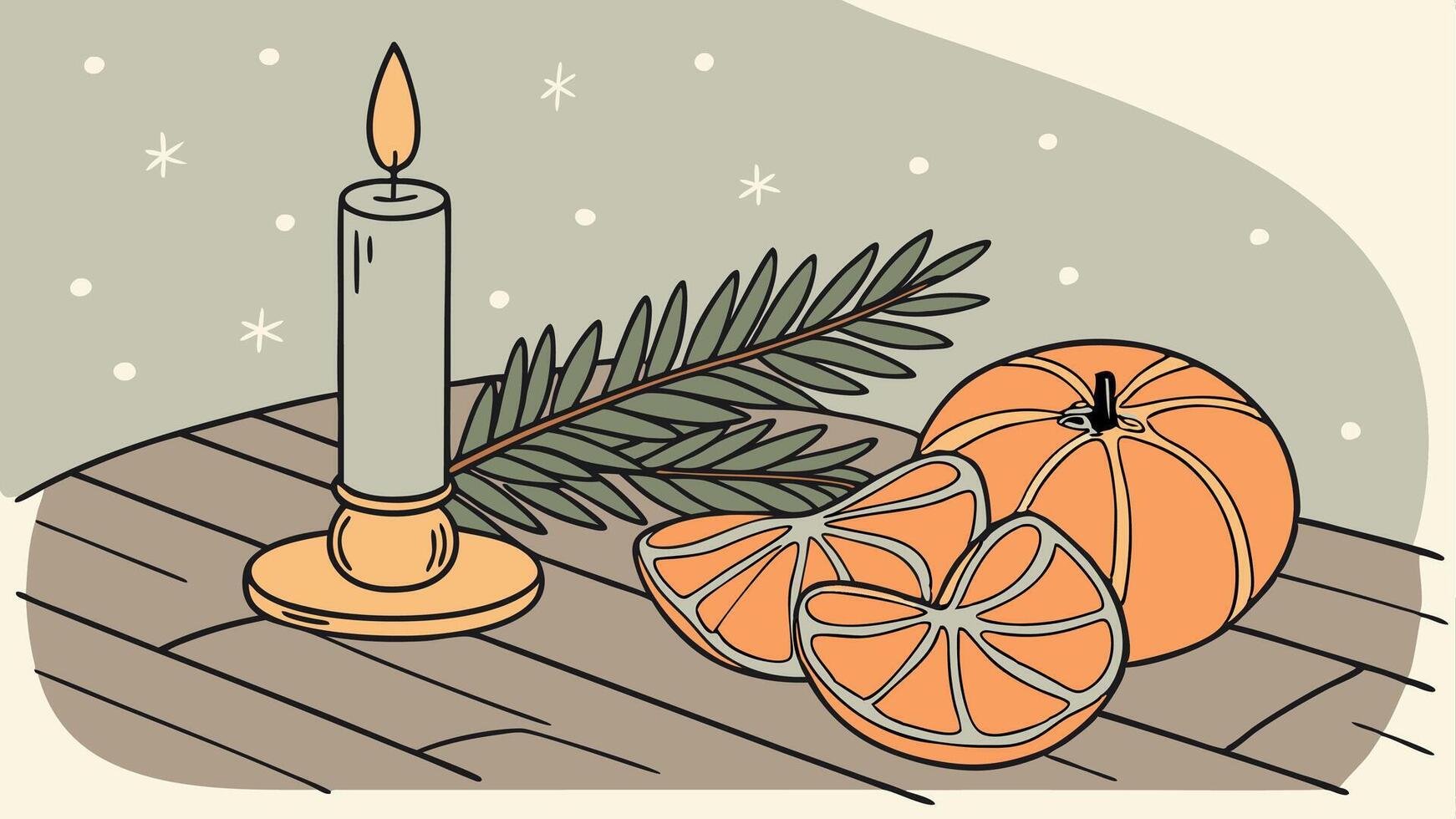 Christmas tree and orange on wooden table with candle vector