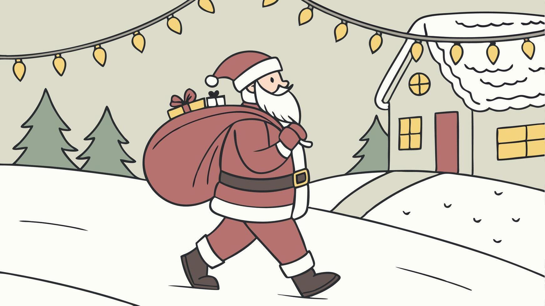 Santa claus walking with a bag of gifts in front of a house vector