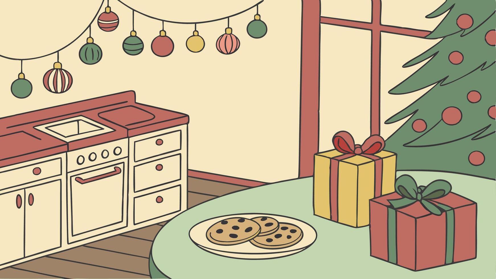 Kitchen on christmas morning with presents. decoration and christmas cookies. Created with . vector