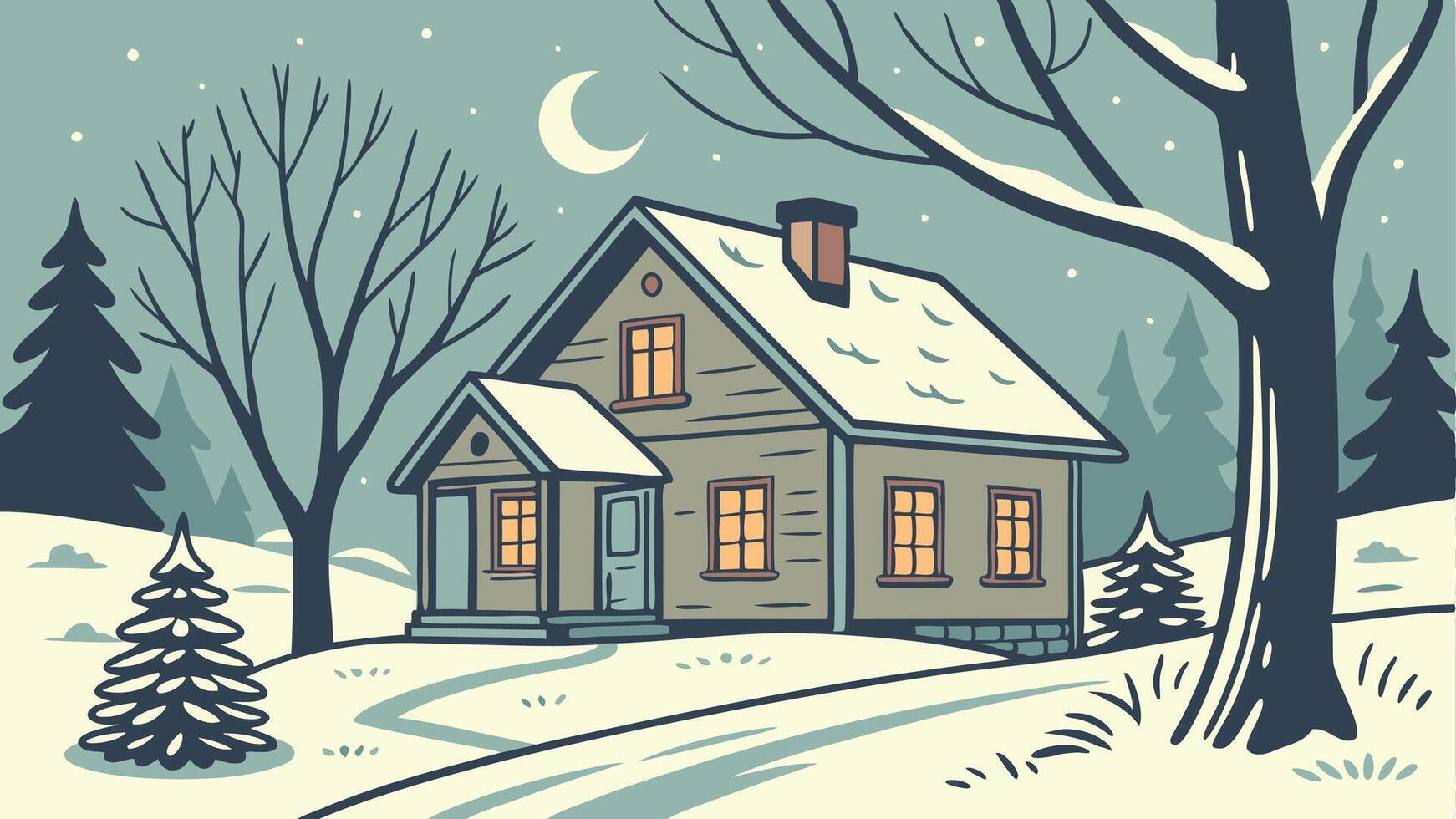Cozy winter cabin evening in snowy village and fresh snow. winter seasonal marketing asset vector