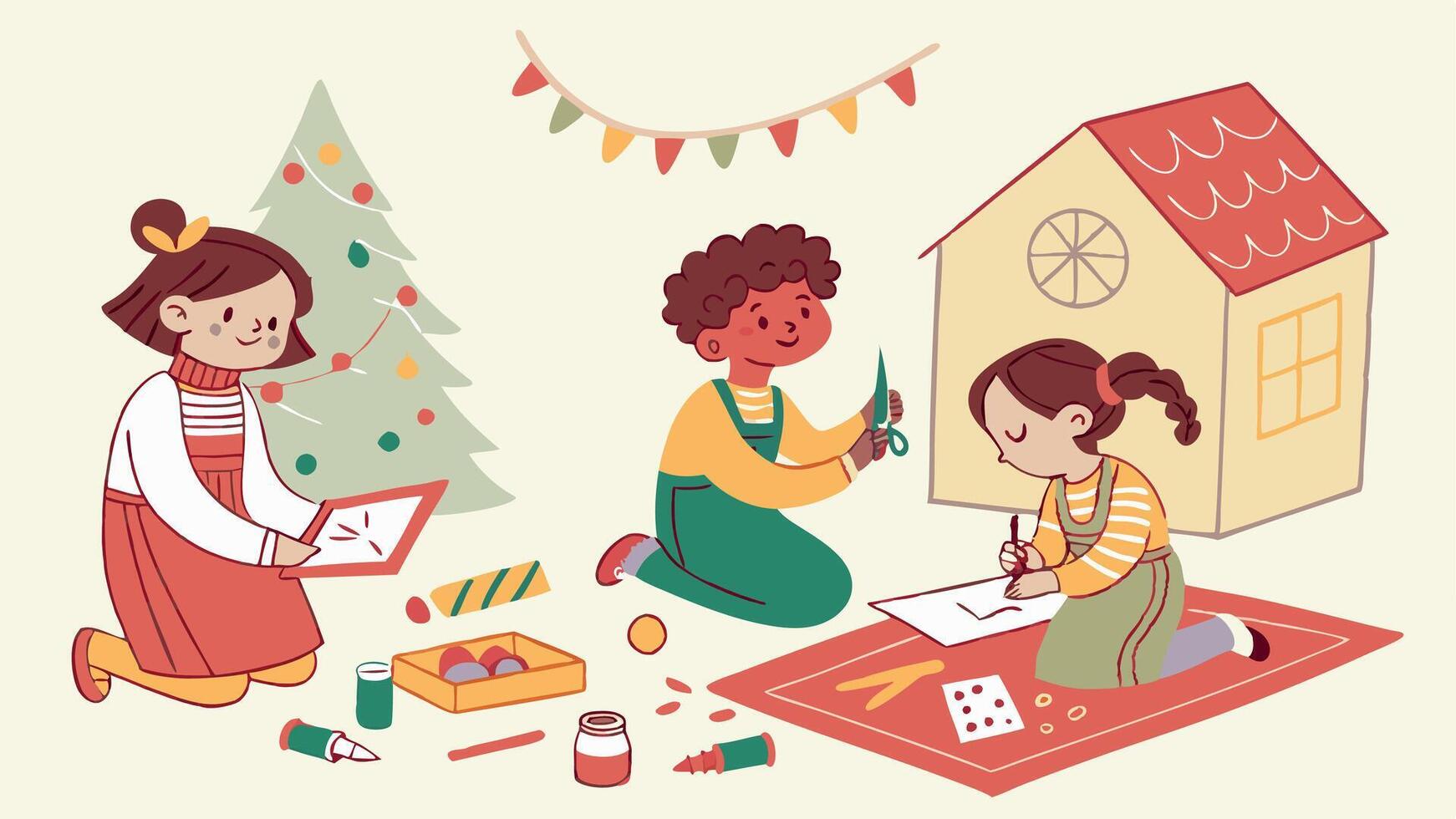 Kids are crafting handmade christmas decorations to adorn the house. vector