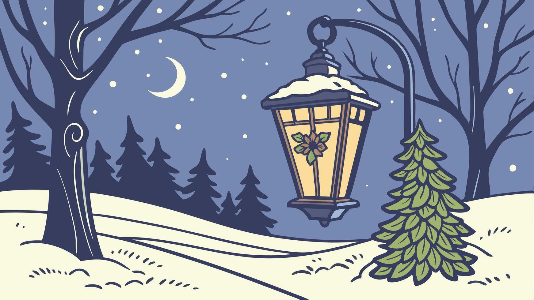 Magical Christmas lantern glowing in a snowy winter night. vector