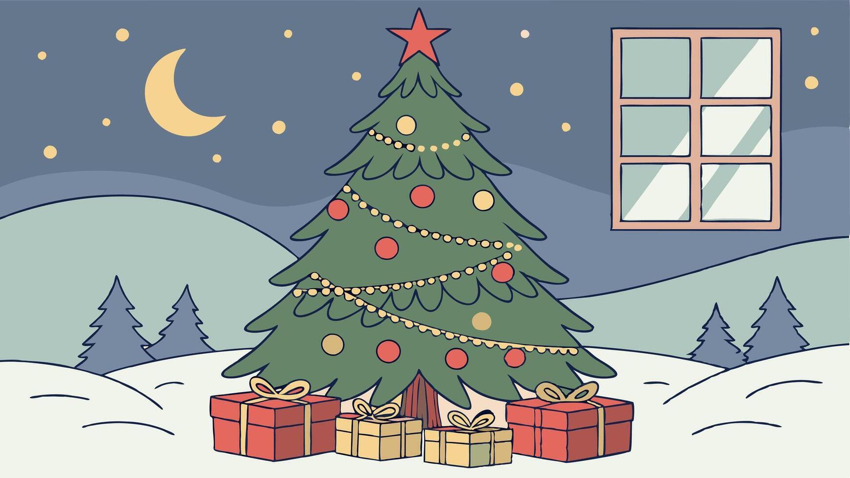 Beautiful decorated christmas tree with present boxes. Festive New Year background. vector