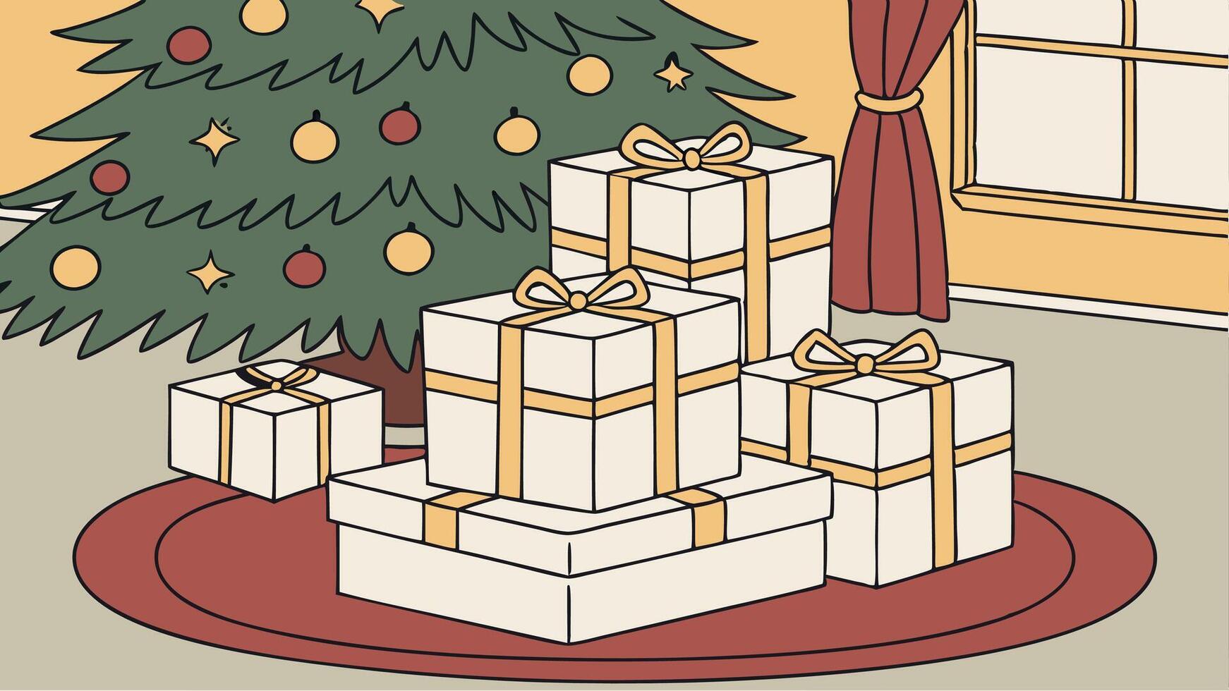 White and gold presents with Christmas tree in the living room vector