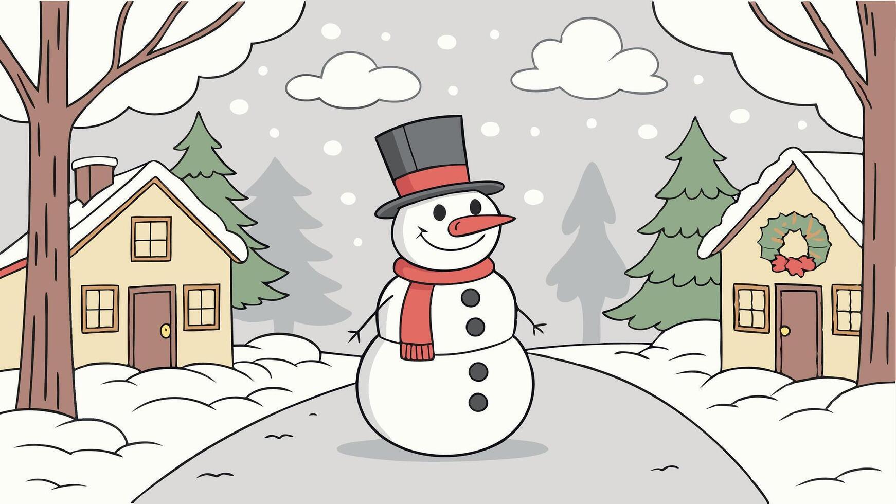 Happy snowman standing in winter christmas town street vector