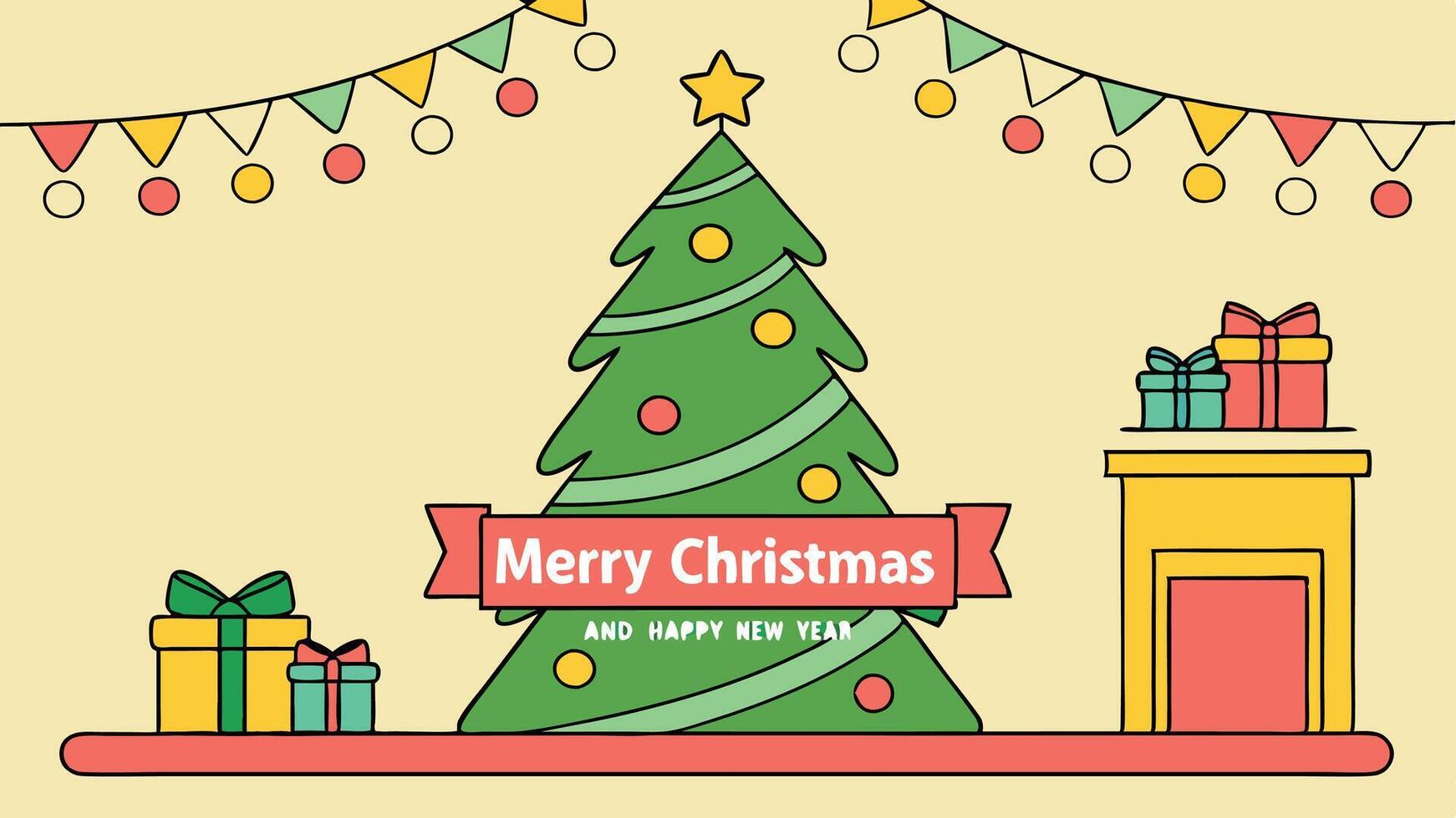 Festive Celebration with Christmas Tree and Decorations. Merry christmas and happy new year concept vector