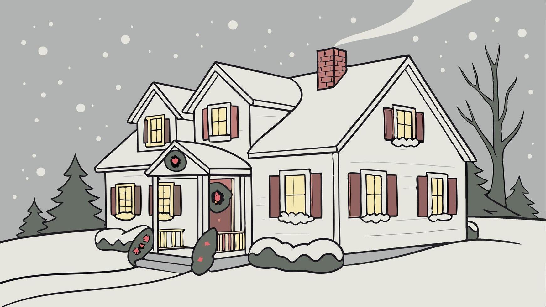 Snow-covered house decorated with festive decor and garlands for Christmas vector