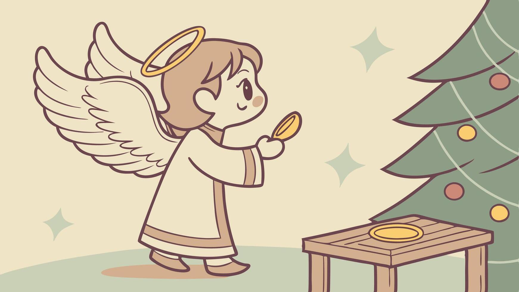 Cute little christmas angel standing on wood table with blurred christmas decor in the background vector