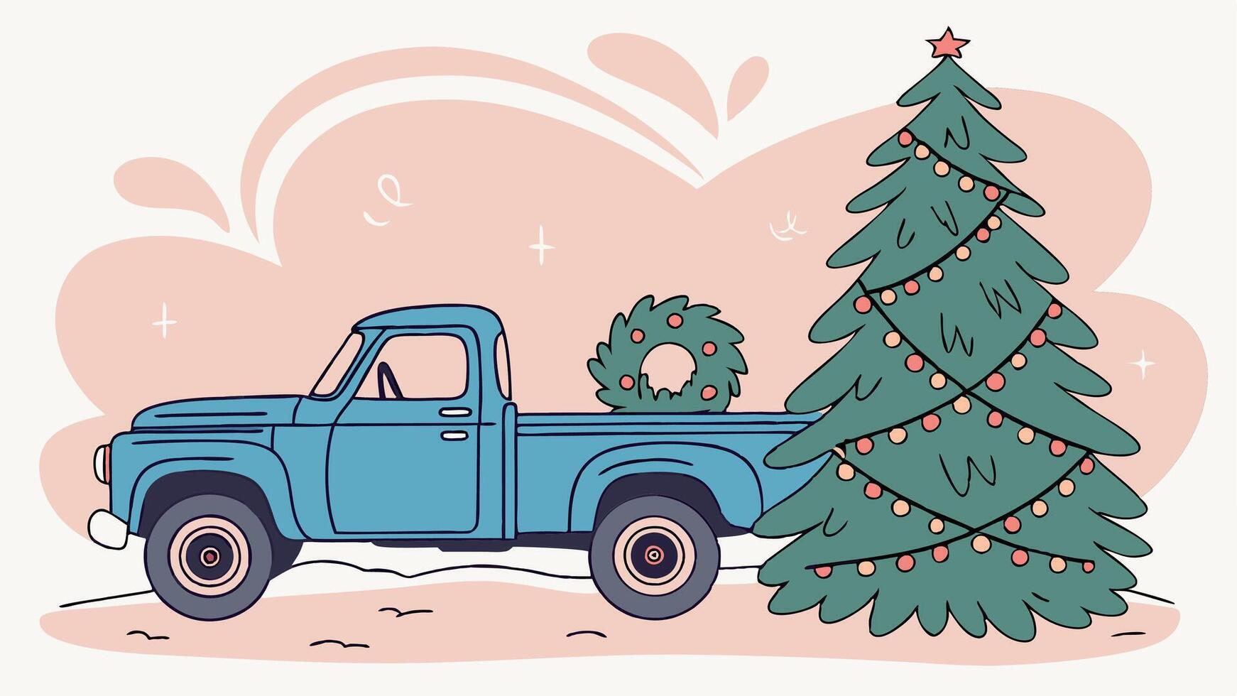 Watercolour illustration of blue christmas truck and christmas tree vector