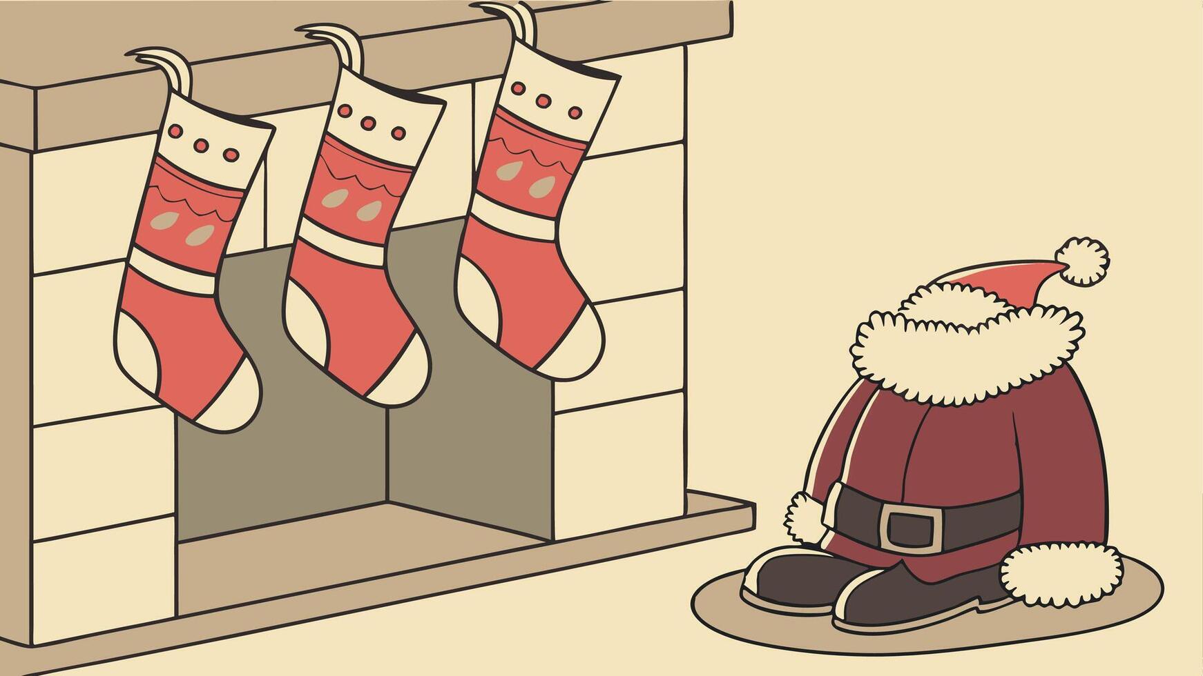 A cartoon santa claus is standing in front of a fireplace with stockings hanging from the vector