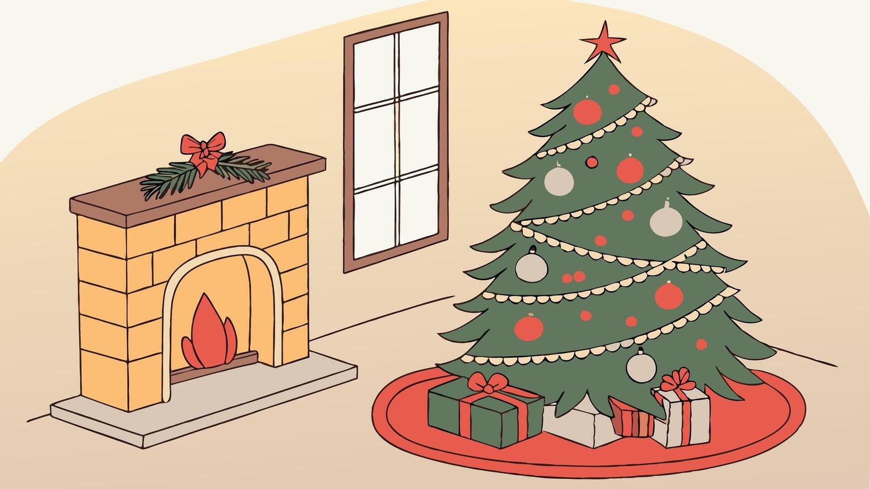 Classic Christmas tree adorned with ornaments and lights. set against a warm fireplace. vector
