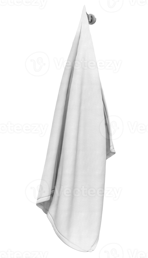 Towel mockup hanging on hanger and hook mockup for design, branding, advertising. Empty of fluffy isolated fabric for luxury hotel or hospital or perfumed towel in resort, spa, bathroom template png