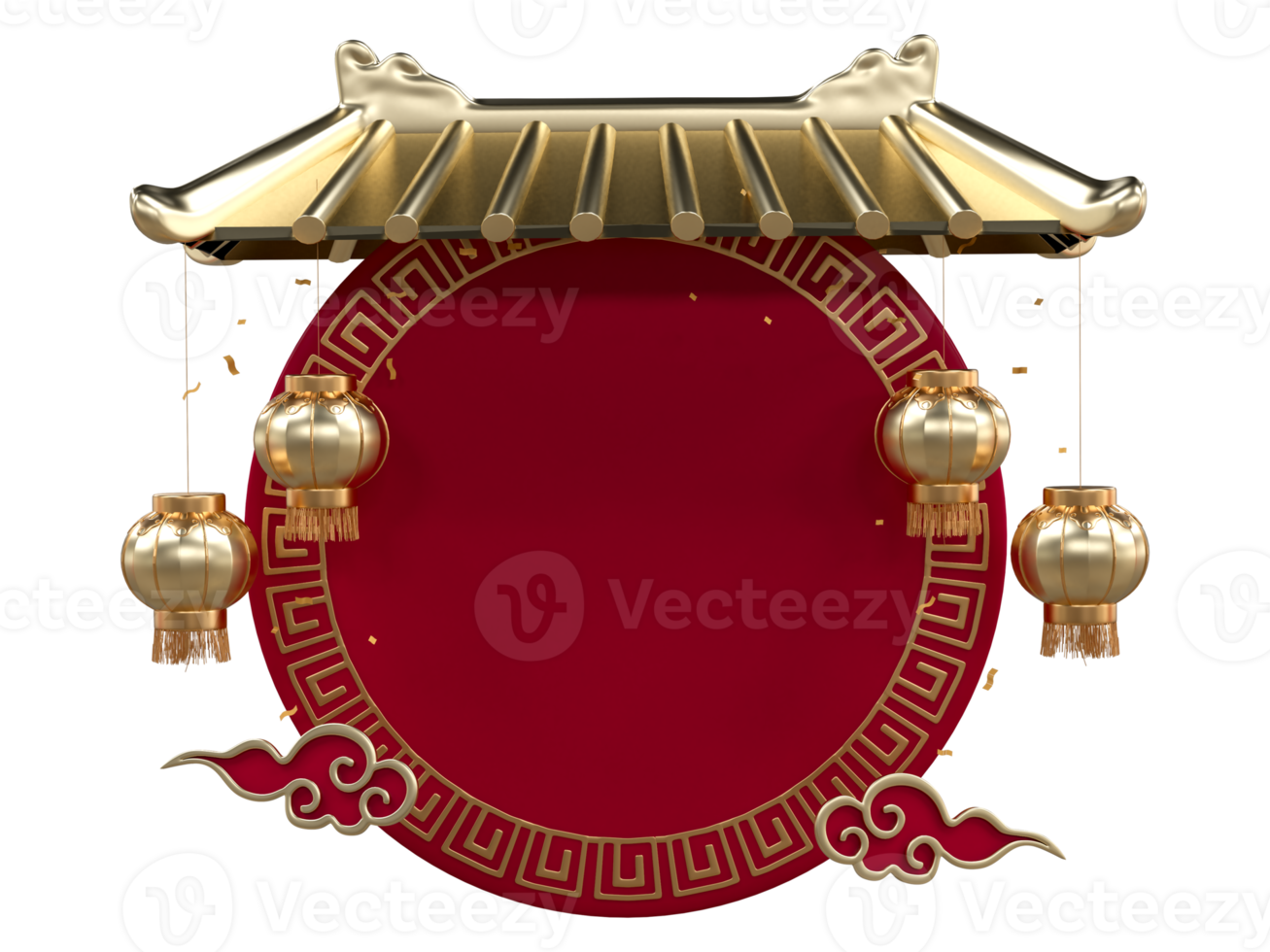 Chinese new year with 3D realistic Chinese entrance roof, gold lanterns, gold confetti, chinese cloud. Chinese element for presentation, banner. Mid Autumn festival luxury concept. Year of the Snake png