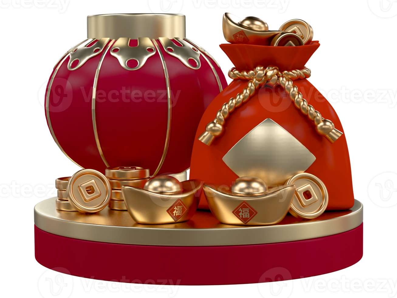 Chinese new year with 3D realistic podium, chinese money bag, gold coin, gold ingots, red lanterns for presentation, poster, banner, Ads. Mid Autumn festival luxury concept. Year of the Snake png