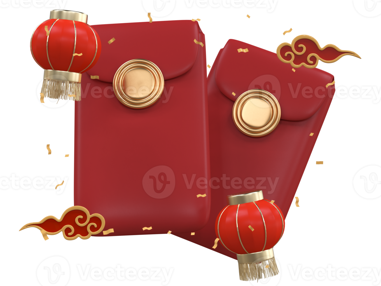 Chinese new year with 3D realistic red envelope, gold confetti, ornaments, red lanterns and chinese cloud for presentation, banner, Ads. Mid Autumn festival luxury concept. Year of the Snake png