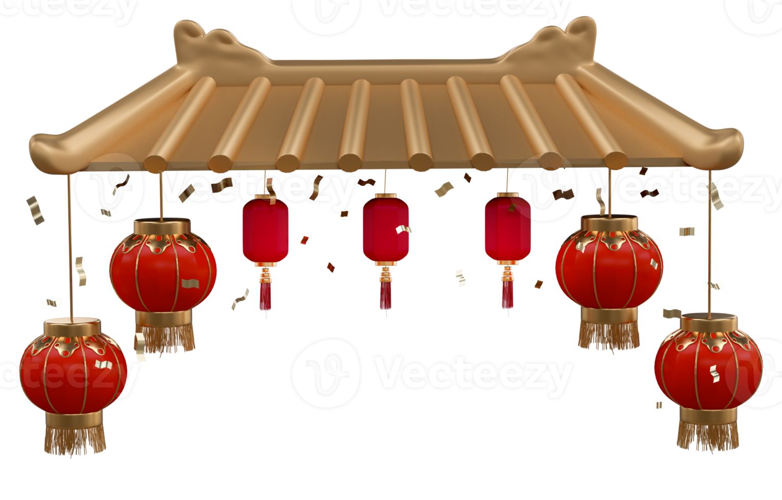 Chinese new year with 3D realistic Chinese entrance roof, red lanterns, gold confetti, ornaments. Chinese element for presentation, banner, Ads. Mid Autumn festival luxury concept. Year of the Snake png