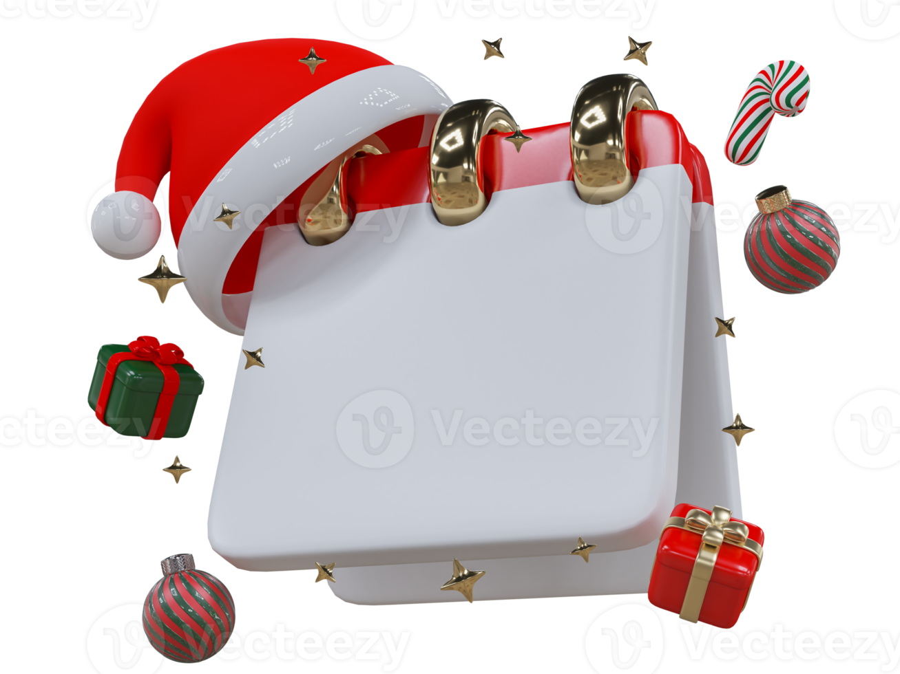 Merry Christmas and Happy New Year. Christmas hat with calendar, ball ornaments, gift box and star. Realistic cute 3D characters design perfect for Sale events, banner, ads, holiday greetings png