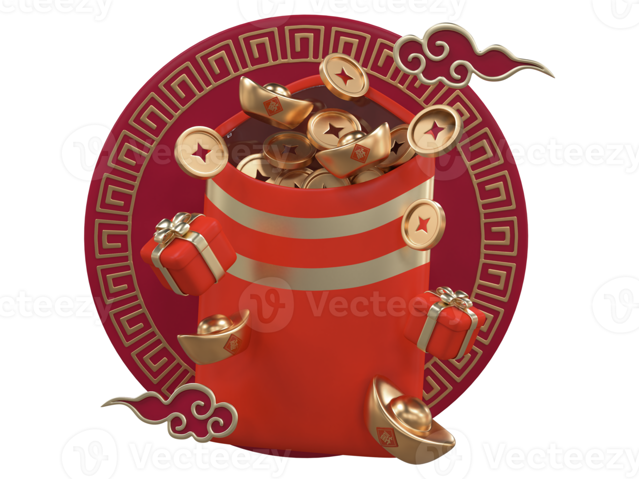 Chinese new year with 3D realistic red envelope, ornaments, gold coin, gold ingots, giftbox and chinese cloud for presentation, banner, Ads. Mid Autumn festive luxury concept. Year of the Snake png