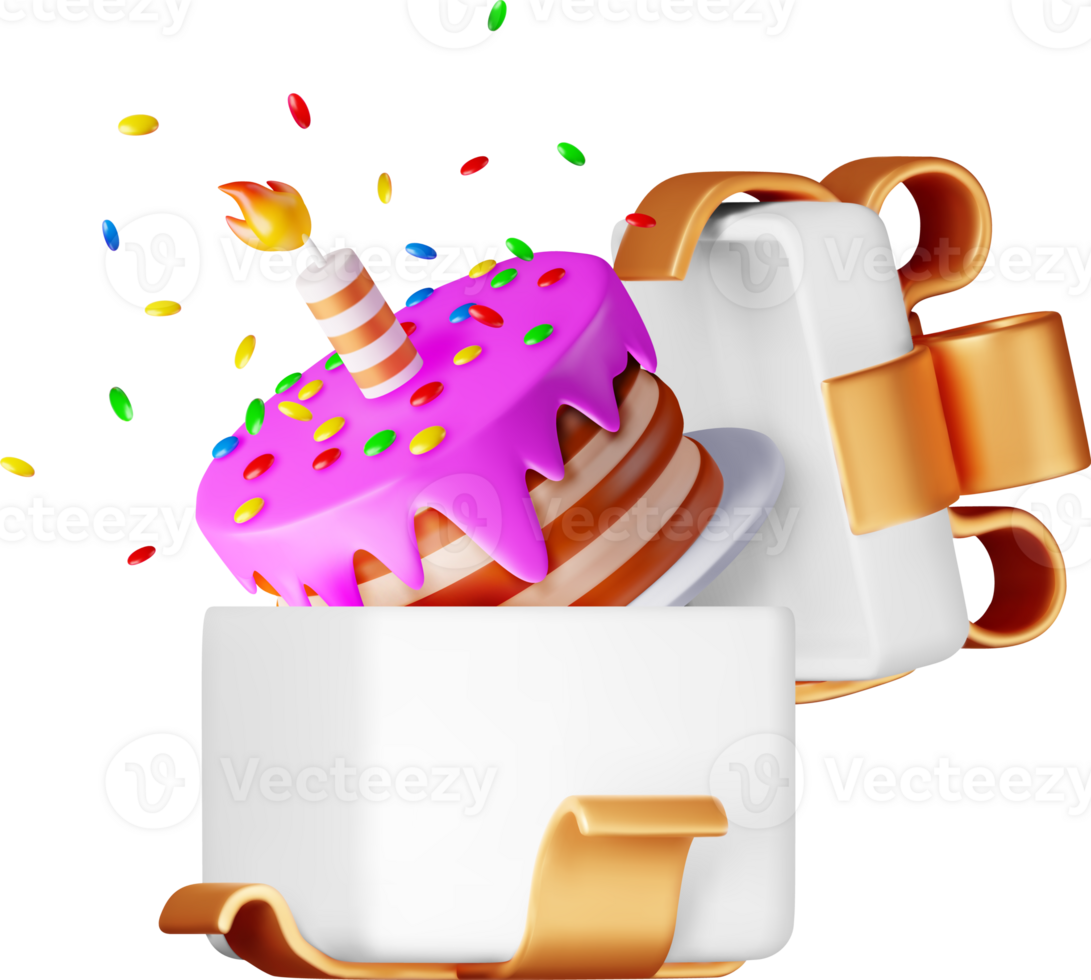 3D cake with candle with confetti in gift box icon png