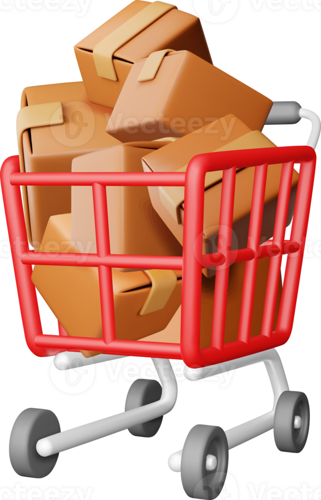 3D shopping cart full of cardboard boxes icon png
