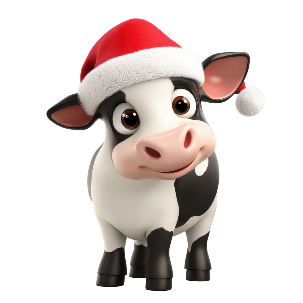 Cartoon cow wearing a festive Santa hat against a bright transparent background for holiday cheer, 3D Cartoon Cow in Santa Hats on transparent background png