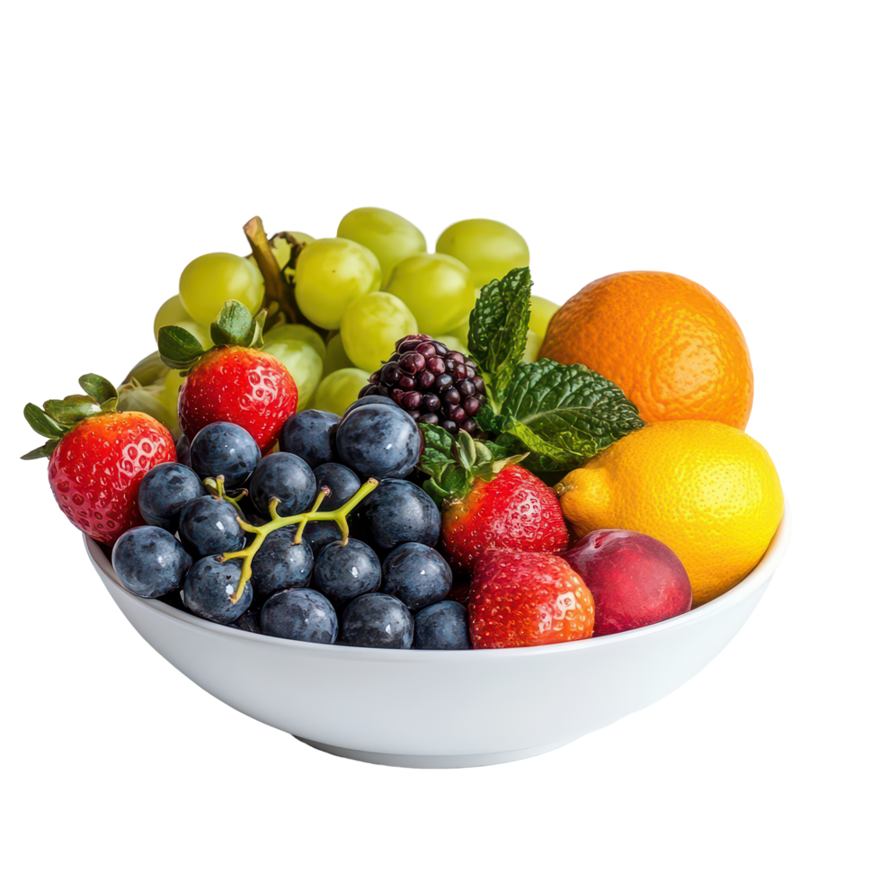 Fresh assorted fruits in a bowl perfect for a healthy snack or vibrant dessert during any meal, Assorted Fruits in a Bowl - Fresh, Healthy, Colorful, Delicious Food, transparent background. png