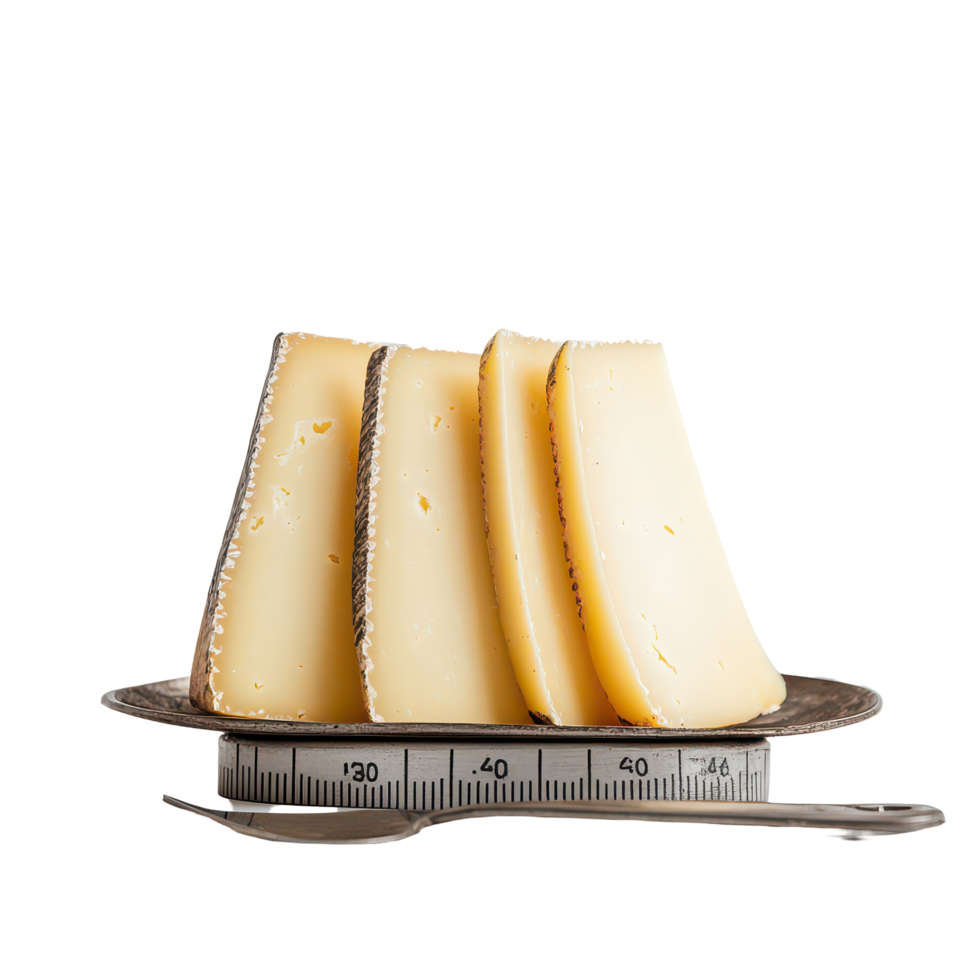 Artisanal cheese slices measured with a ruler on a transparent background for culinary precision, Artisanal Cheese Slices on a Measuring Device, transparent background. png